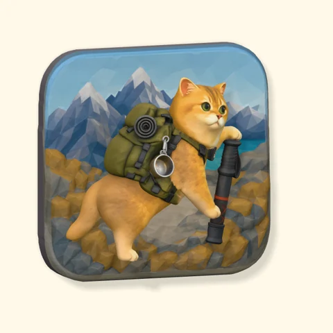 Orange cat hiking above an alpine lake.