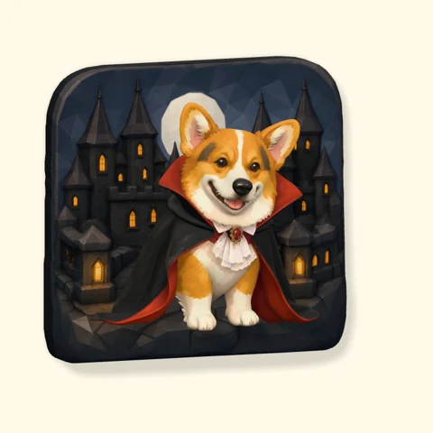 Corgi wearing a vampire cape in front of a moonlit castle on a Poptile magnet.