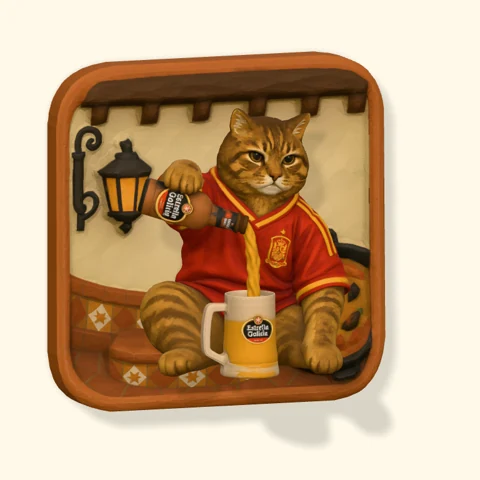 Curly-haired cat in a red football shirt at a feast.
