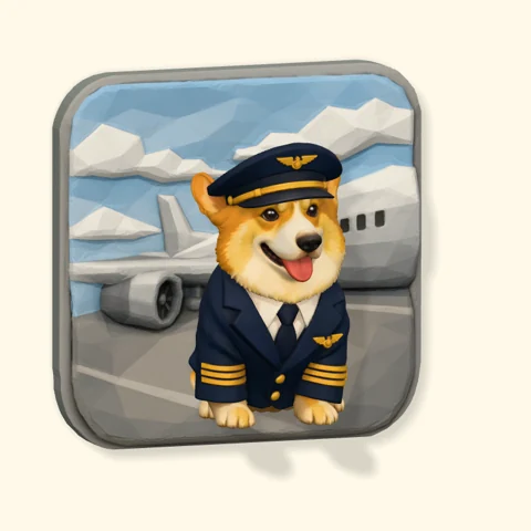 Corgi in a pilot uniform with an airplane behind it on a Poptile magnet.